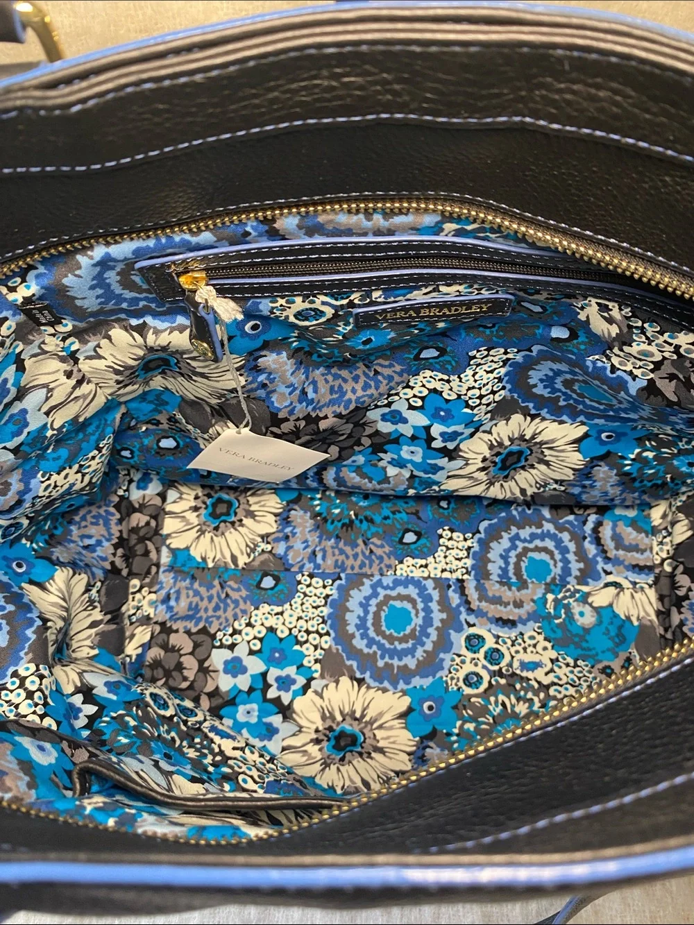 Vera Bradley Black Leather Tote with Blue Trim and Gold Logo